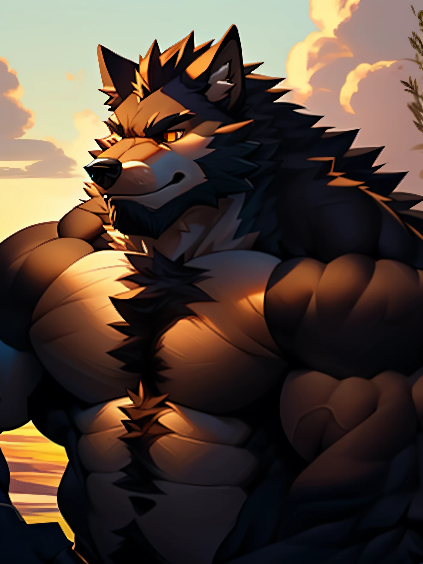 A close up of a cartoon wolf with a sunset in the background - SeaArt AI