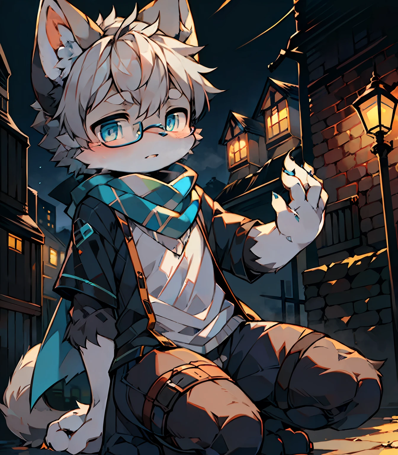 Highest image quality，Delicate painting style，Delicate hook lines，tmasterpiece，Fine fine skin，Delicate hair，Complete painting，A masterpiece，Delicate hands，finely-detailed eyes，Normal eyes，Gray cat ears，furry，Gray hair，Black-framed round glasses，eBlue eyes，adolable，Handsome，（（White scarf）），Cat style，shota， Blue pupil, city night scene, Gray hair, By bangs，Dappled light and shadow, short detailed hair，ember，There are bright eyes of God, City，Battle damage wind，on one knee，Outfit in black