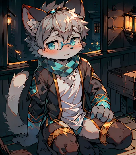 Highest image quality，Delicate painting style，Delicate hook lines，tmasterpiece，Fine fine skin，Delicate hair，Complete painting，A masterpiece，Delicate hands，finely-detailed eyes，Normal eyes，Gray cat ears，furry，Gray hair，Black-framed round glasses，eBlue eyes，...