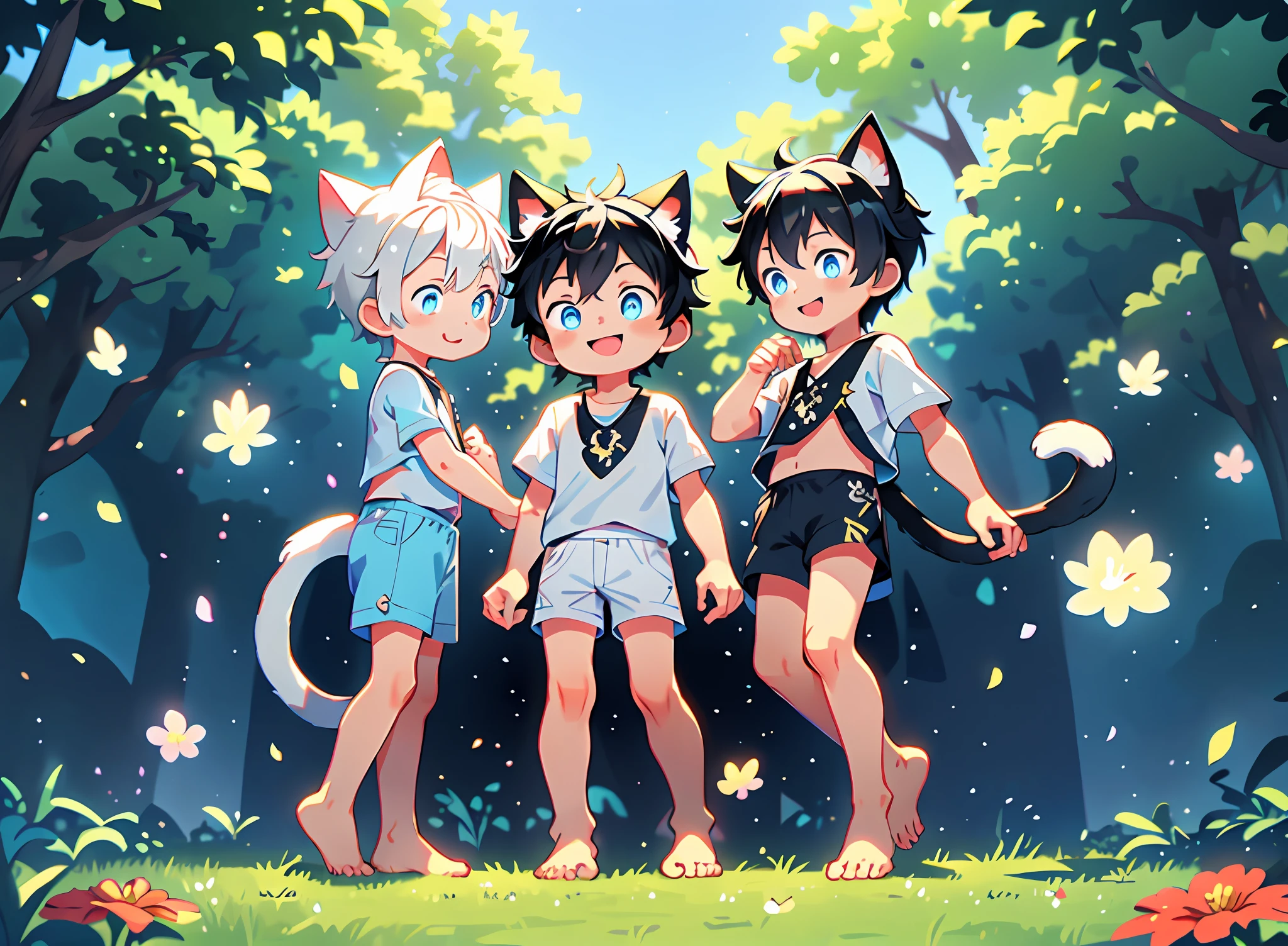 three fourths view，Shota，Black and white hair，toddlers，Blue eyes，cat ear ，a cat tail， adolable， standing on your feet， Master masterpieces， A high resolution，8K，detailedbackground，high high quality，Libido boy，独奏，shorter pants，grassy fields，baiyun，florals，falling leaf，Happy expression，The tree, barefoot, foot fetish, foot focus, soft feet, sexy feet