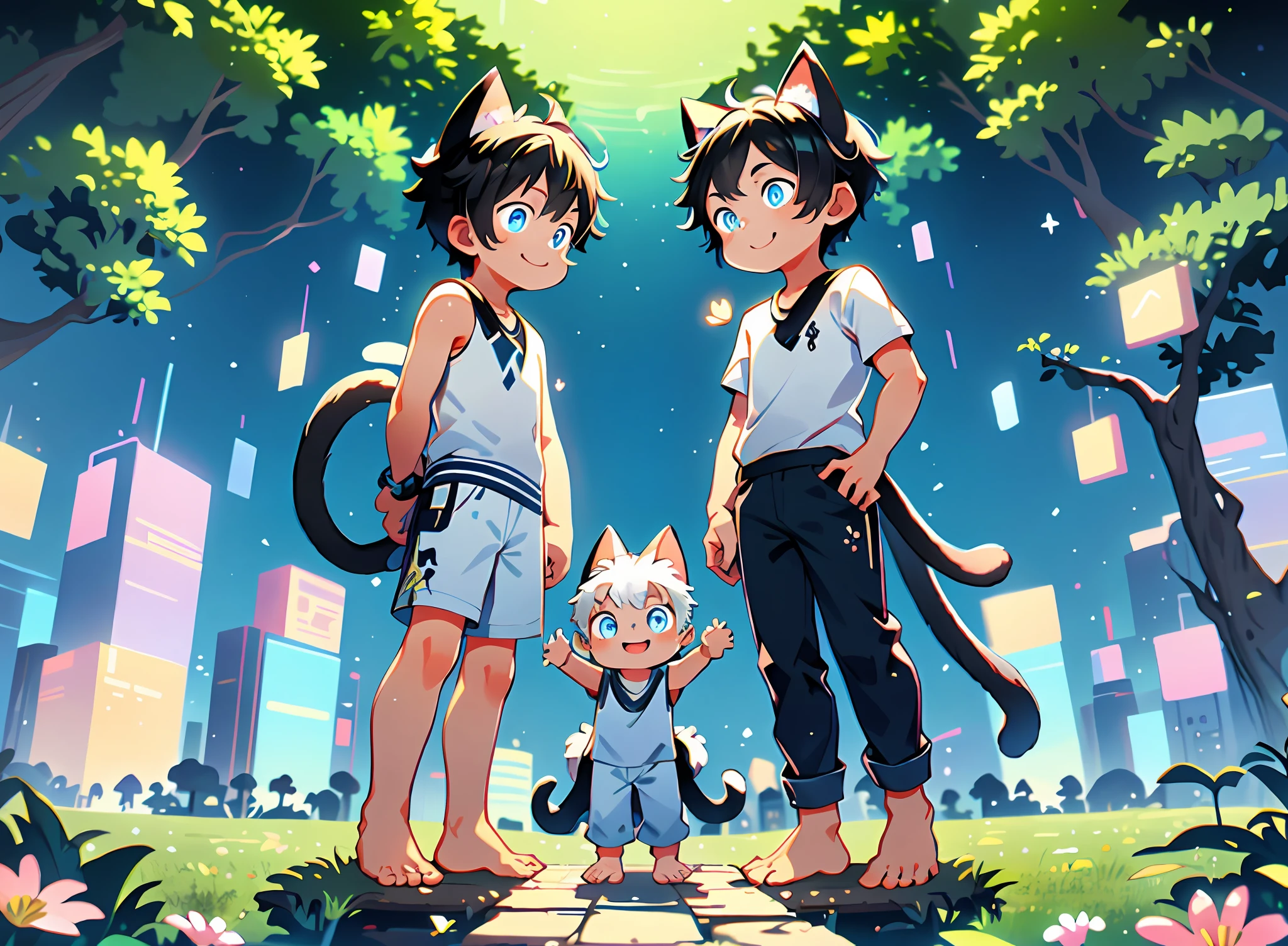 three fourths view，Shota，Black and white hair，toddlers，Blue eyes，cat ear ，a cat tail， adolable， standing on your feet， Master masterpieces， A high resolution，8K，detailedbackground，high high quality，Libido boy，独奏，shorter pants，grassy fields，baiyun，florals，falling leaf，Happy expression，The tree, barefoot, foot fetish, foot focus, soft feet, sexy feet