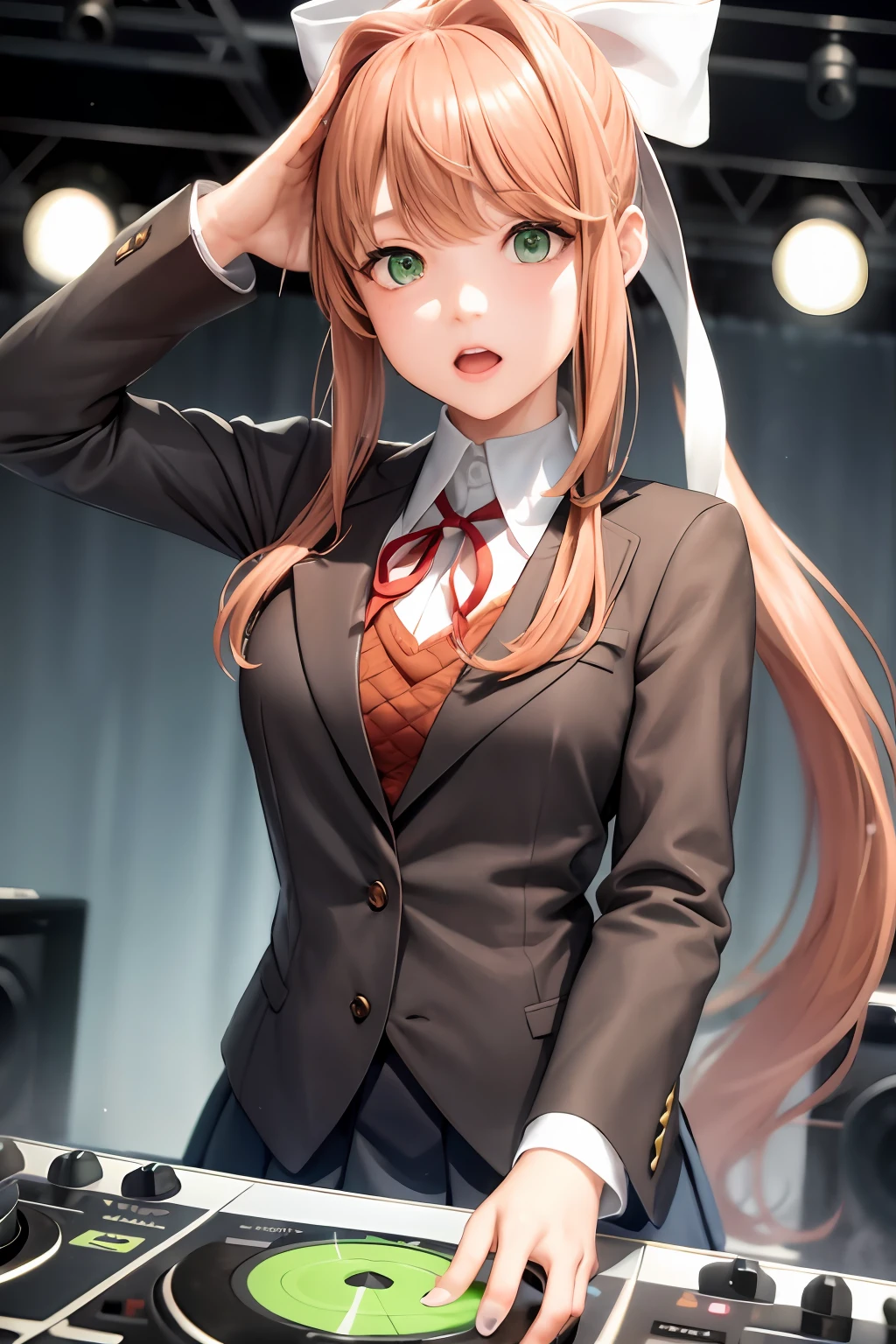 "A solo shot featuring monika,   , green eyes, brown hair, very long hair, ponytail, hair ribbon, white ribbon,  a DJ, showcasing her skills on the turntables at a vibrant rave."