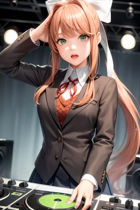 "A solo shot featuring monika, school uniform  , green eyes, brown hair, very long hair, ponytail, hair ribbon, white ribbon,  a...