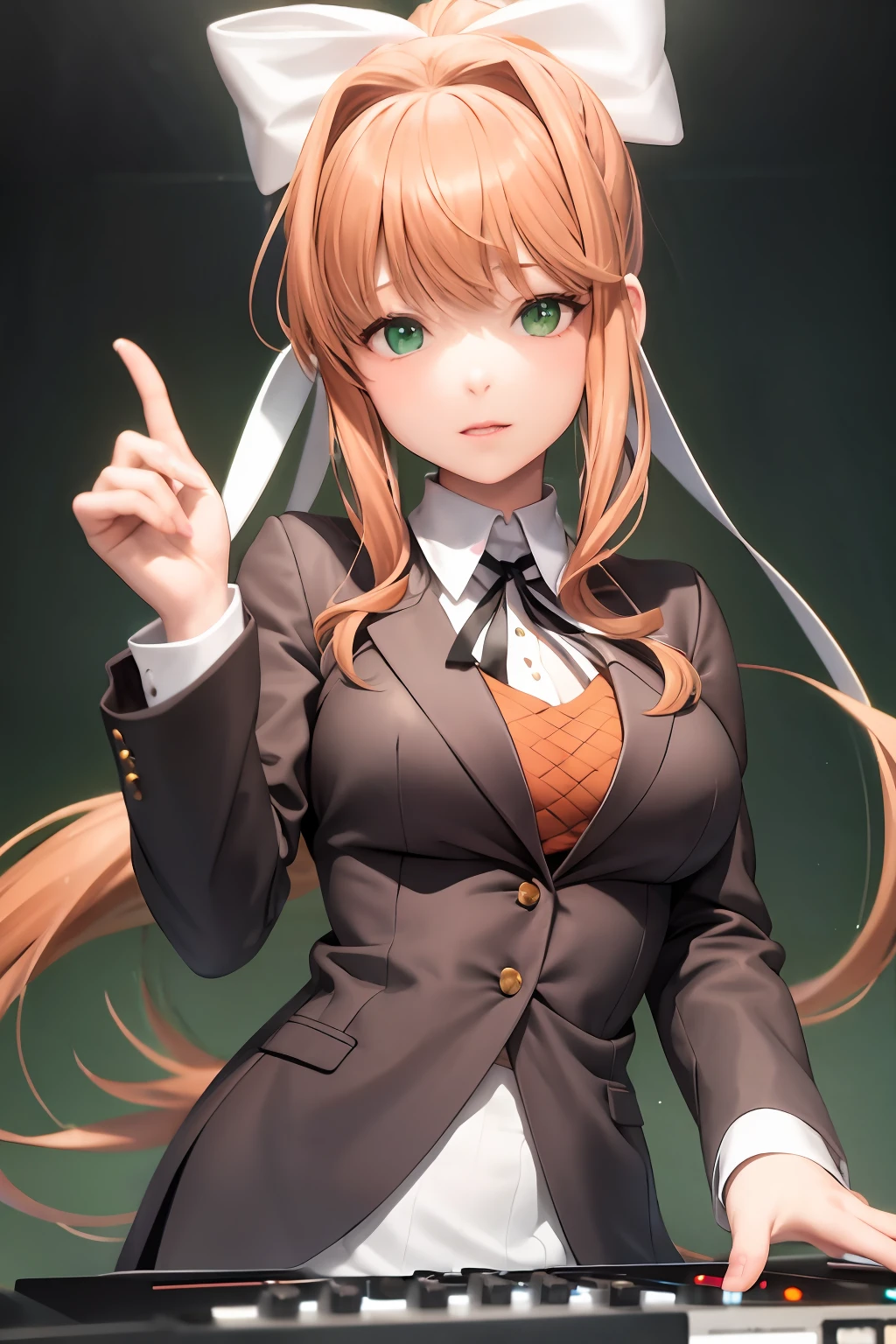 "A solo shot featuring monika,   , green eyes, brown hair, very long hair, ponytail, hair ribbon, white ribbon,  a DJ, showcasing her skills on the turntables at a vibrant rave."