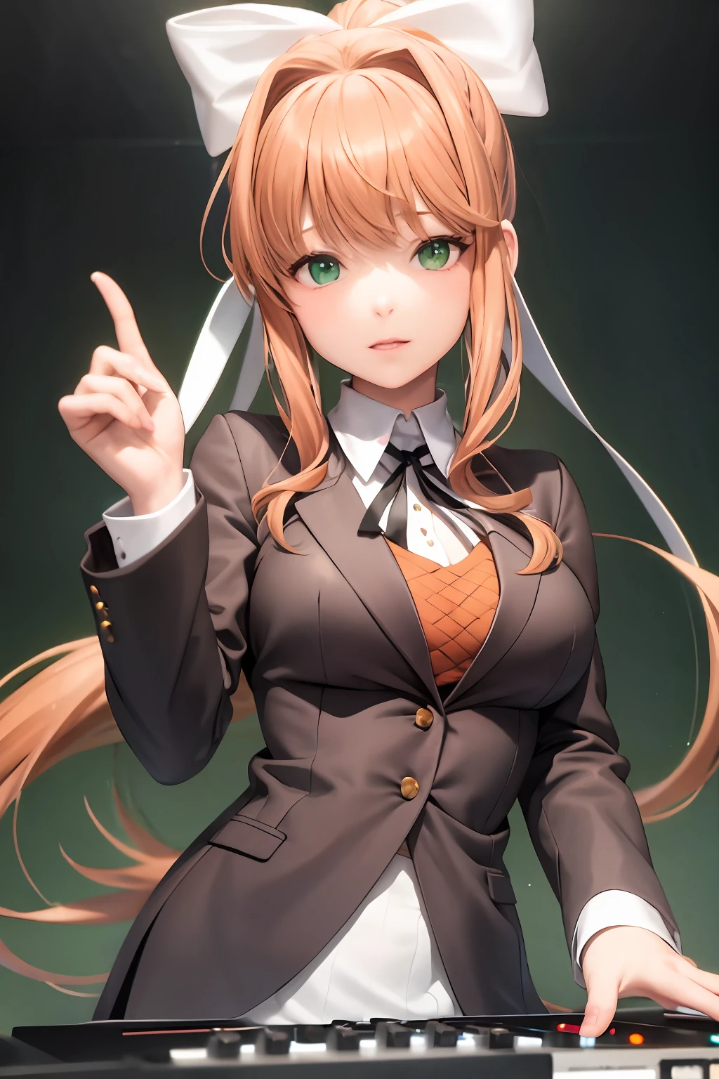 "A solo shot featuring monika, school uniform  , green eyes, brown hair, very long hair, ponytail, hair ribbon, white ribbon,  a DJ, showcasing her skills on the turntables at a vibrant rave."