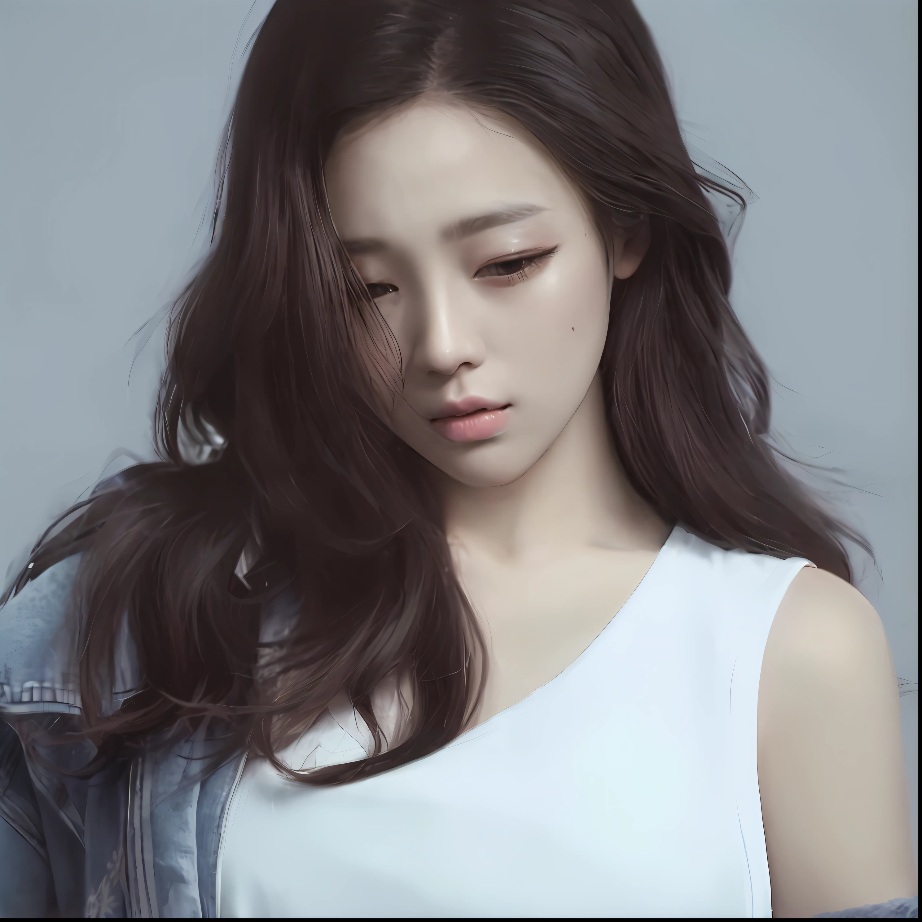 A woman with long hair in a white shirt and denim jacket, beautiful Korean women, Gorgeous young Korean woman, blackpink jennie, Beautiful young Korean woman, krystal, Korean girl, cute korean actress, jisoo of blackpink, portrait jisoo blackpink, portrait of female korean idol, jisoo from blackpink, park jimin, Choi Hyun-hwa, author：Tang Xianyun Sundara