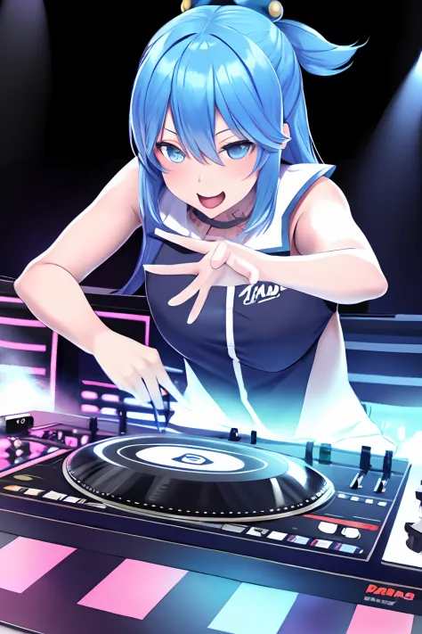 "A solo shot featuring aqua \(konosuba\) a DJ, showcasing her skills on the turntables at a vibrant rave."