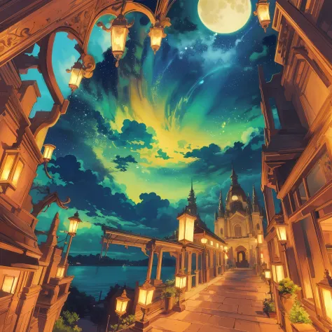Anime setting, lua cheia estilo anime, detalhes roxos ao fundo, Scenery Grove, noite, luz do luar ao fundo