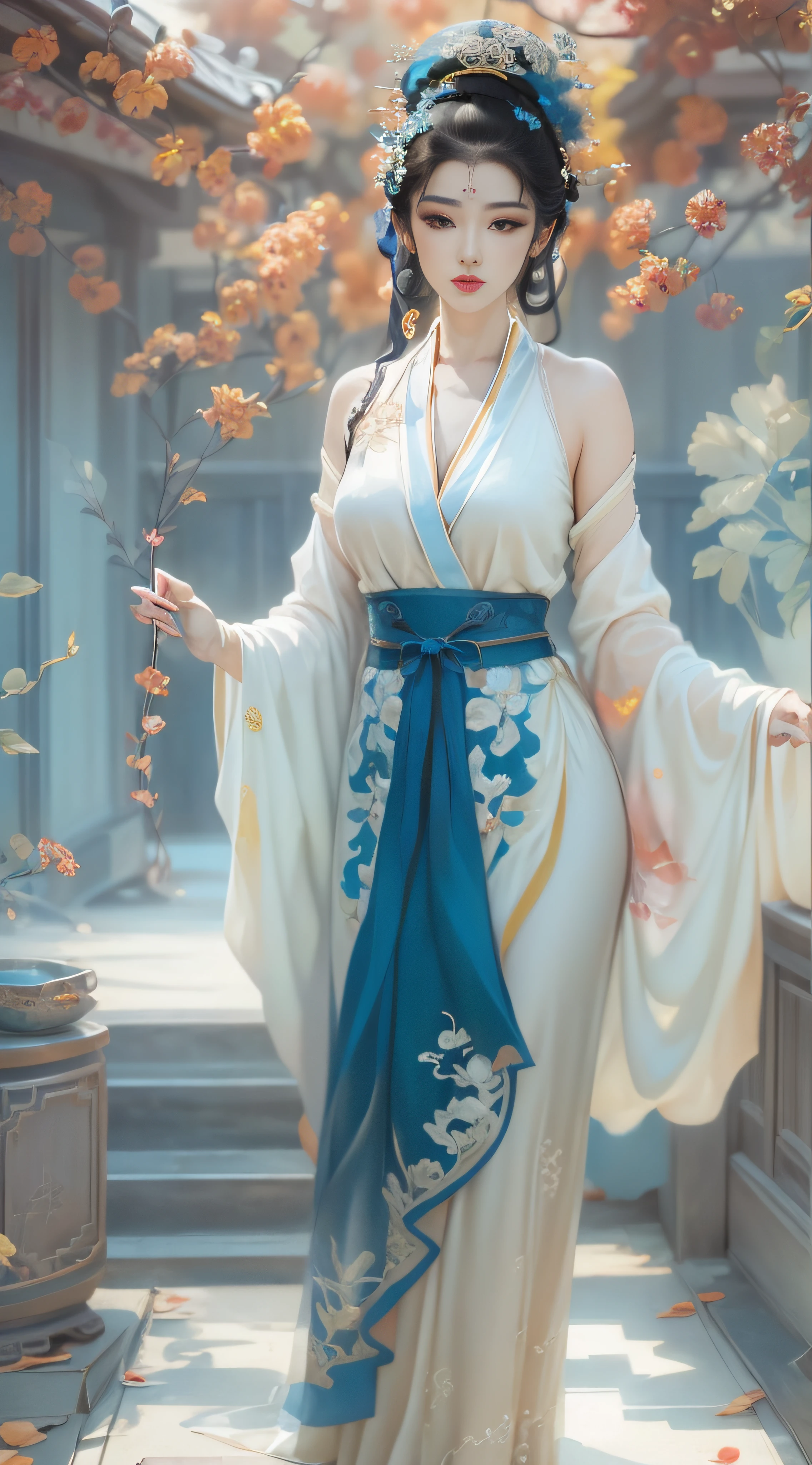 Longing woman posing for photo in blue and white dress, beautiful and seductive anime woman, a beautiful fantasy empress, Inspired by Fenghua Zhong, Beautiful character painting, author：Qiu Ying, sensual painting, By Leng Mei, by Yang J, pinup art, Art germ. anime illustration, inspired by Chen Yifei, author：Chen Lin