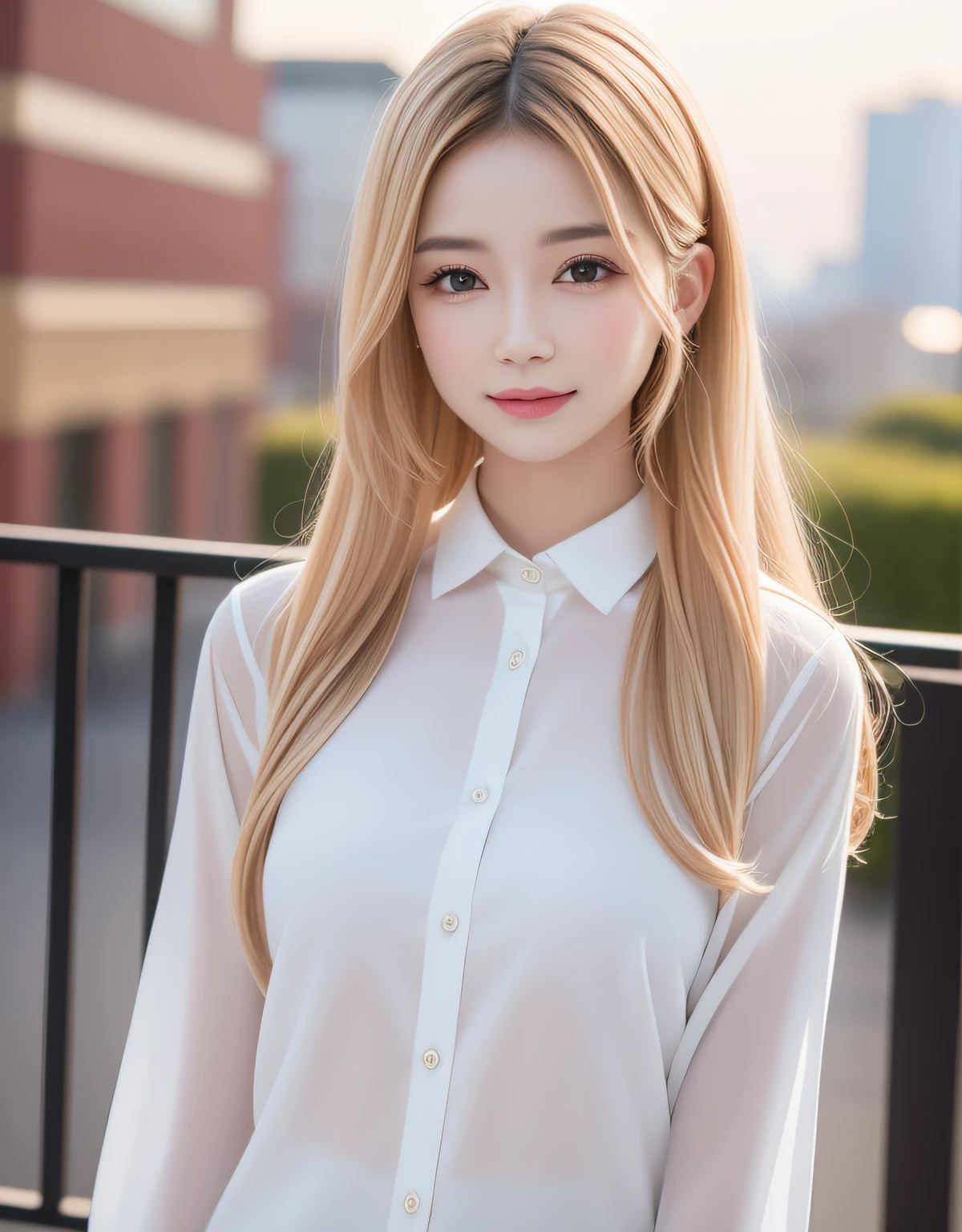 best quality, white skin, real human skin, (detailed fac), oval face, pores, ultra high res, (8k, RAW photo, photorealistic:1.4), 1girl, slim, (looking at viewer with a serene and goddess-like happiness:1.2), ( lipgloss, eyelashes, gloss-face, best quality, ultra highres, Broad lighting, natural shading), oversized jacket, fashion shirt,  cityscape,