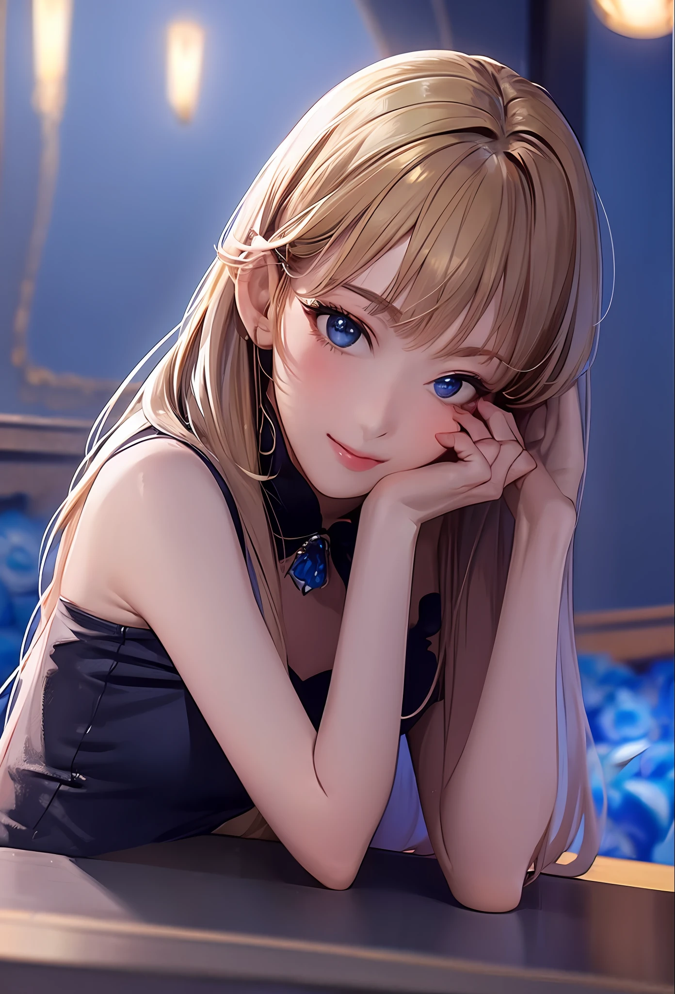 (8k, top quality, masterpiece: 1.2), (realistic, photorealistic: 1.37), super detailed, girl alone, cute, solo, midnight, beautiful detailed sky, detailed café, sitting, dating, (blush), (smile: 1.15), small breasts (mouth closed), beautiful fine eyes, floating hair NovaFrogStyle, back open dress, blue rose accessories, Blue rose background