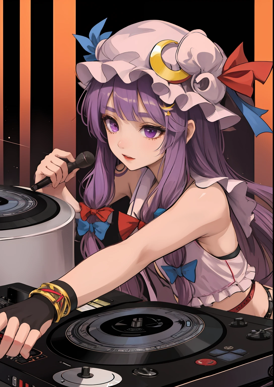 "A solo shot featuring patchouli_knowledge crescent hat ornament a DJ, showcasing her skills on the turntables at a vibrant rave."