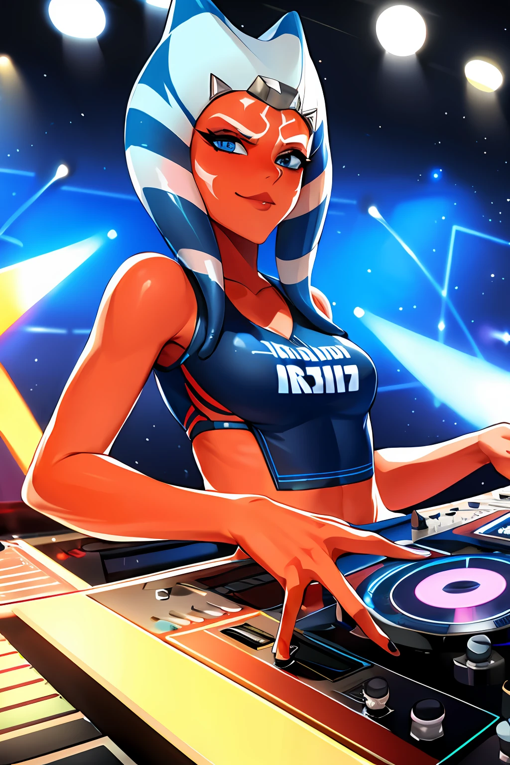 "A solo shot featuring 1girl, blue eyes, orange skin, tentacle hair a DJ, showcasing her skills on the turntables at a vibrant rave."