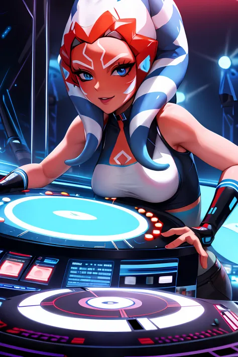 "A solo shot featuring 1girl, blue eyes, orange skin, tentacle hair a DJ, showcasing her skills on the turntables at a vibrant r...