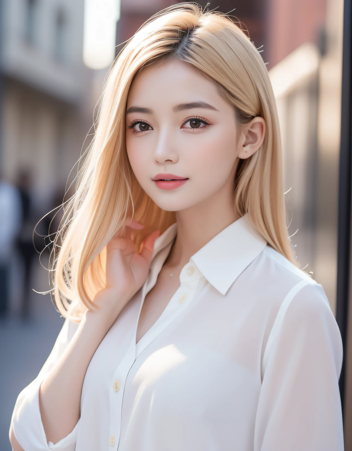 best quality, white skin, real human skin, (detailed fac), oval face, pores, ultra high res, (8k, RAW photo, photorealistic:1.4), 1girl, slim, (looking at viewer with a serene and goddess-like happiness:1.2), ( lipgloss, eyelashes, gloss-face, best quality, ultra highres, Broad lighting, natural shading), oversized jacket, fashion shirt,  cityscape,