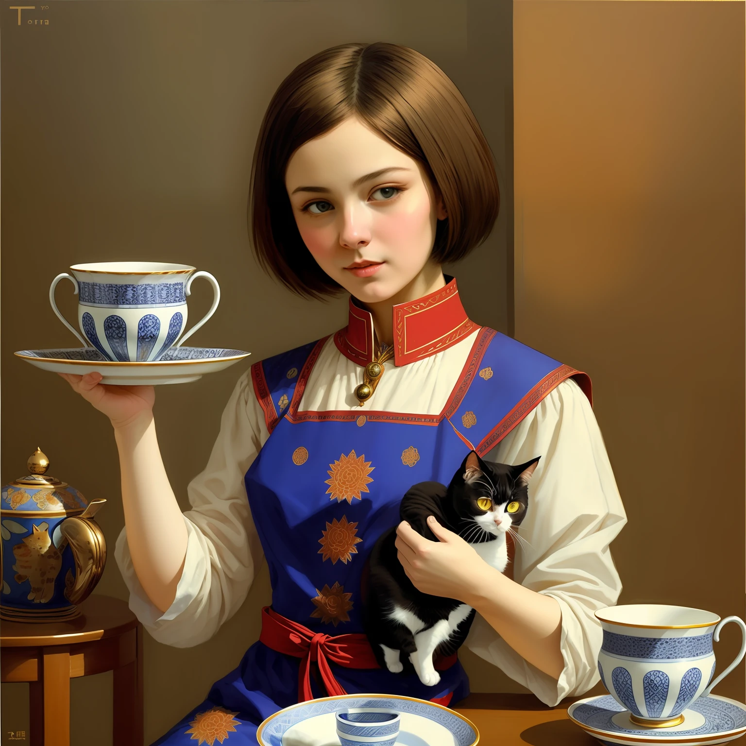 Humanoid cat juggling cups, Porcelain cups, Blue pattern on the cups, tmasterpiece, художник Alex Maleev