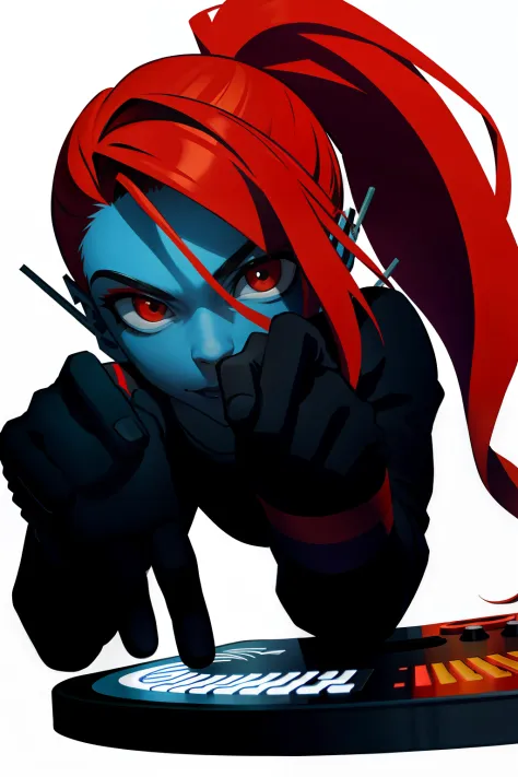 "A solo shot featuring undyne undyne the undying  a DJ, showcasing her skills on the turntables at a vibrant rave."