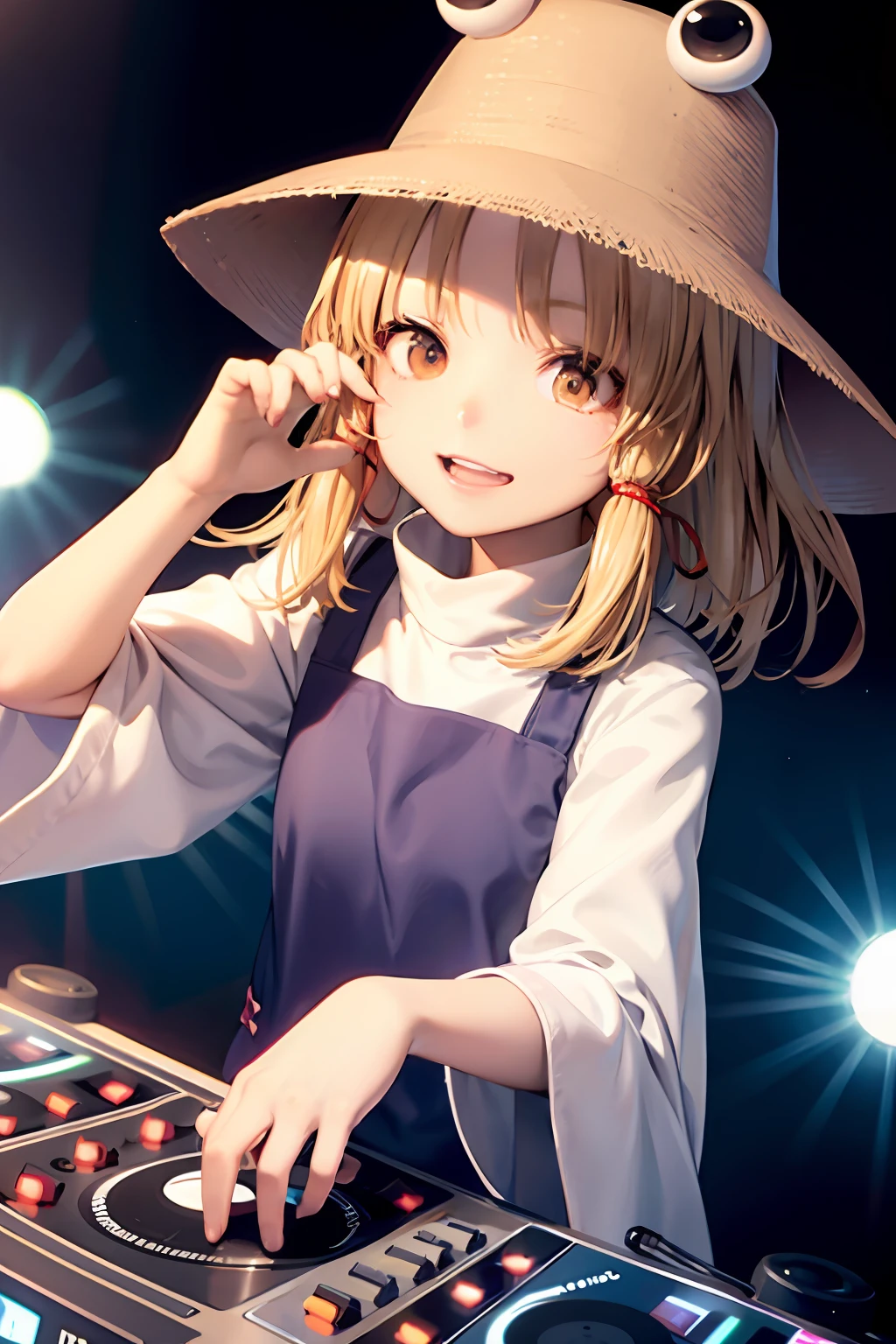 "A solo shot featuring  moriya suwako a DJ, showcasing her skills on the turntables at a vibrant rave.