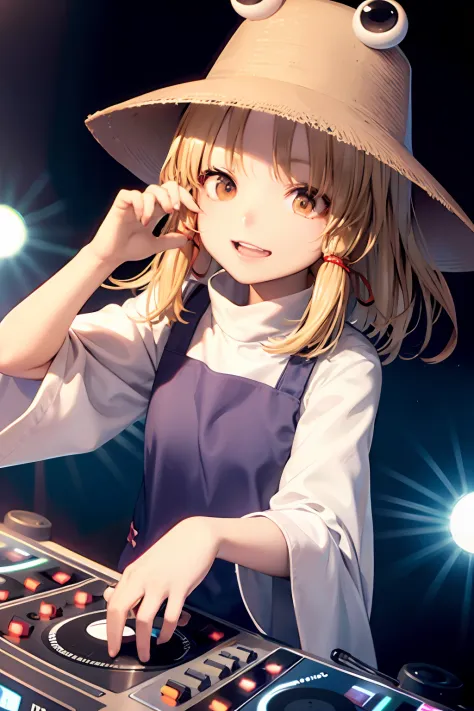 "a solo shot featuring  moriya suwako a dj, showcasing her skills on the turntables at a vibrant rave.