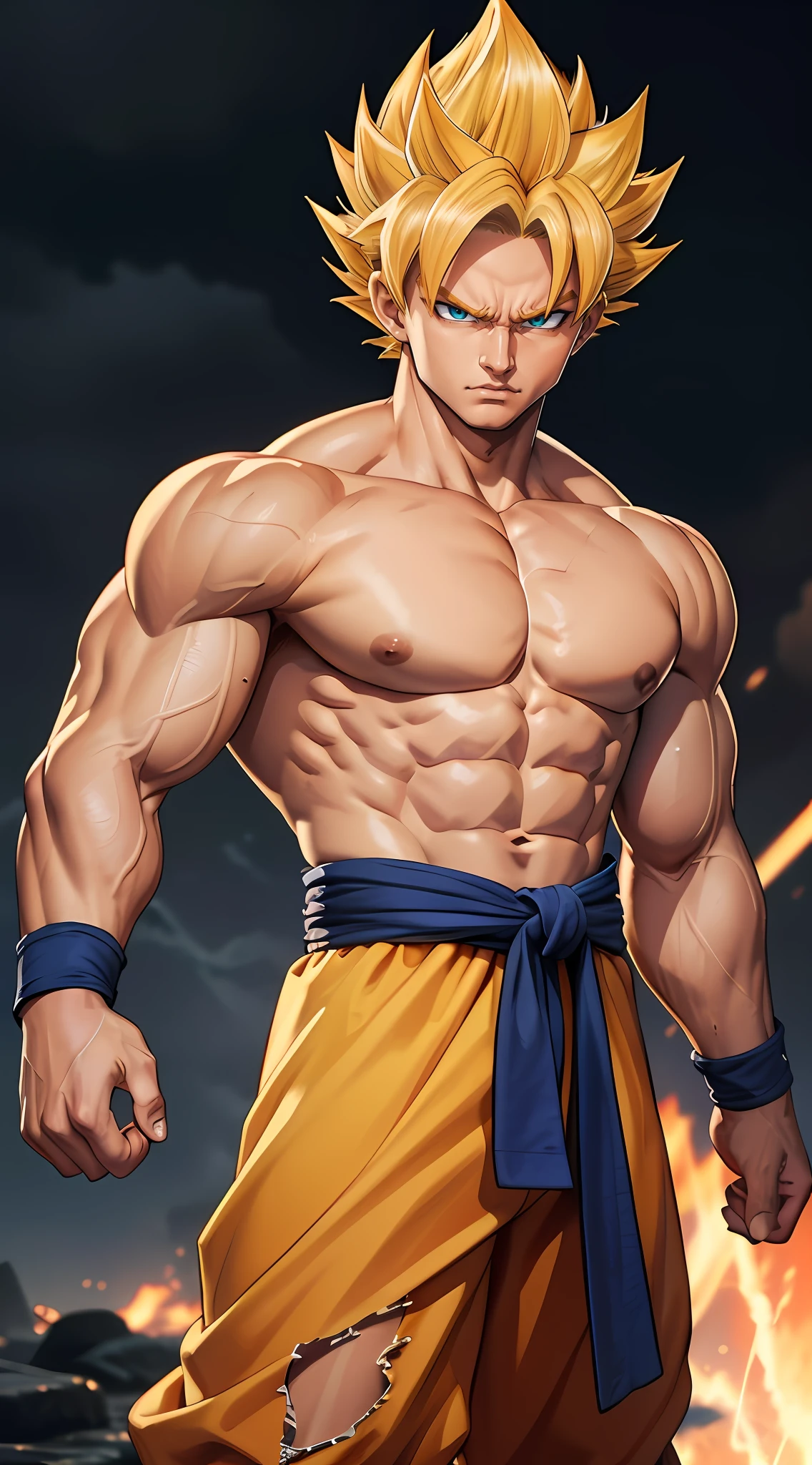 (masterpiece, best quality), intricate details, 8k, artstation, wallpaper, official art, splash art, storm in background, sharp focus, 1boy, (photorealistic:1.2) (bokeh) (best quality) (detailed skin:1.3) (intricate details) (8k) (detailed eyes) (sharp focus) son goku, angry, battle damage, blonde hair, blue sash, clenched teeth, furious, green eyes, male focus, muscular, muscular male, pectorals, sash, solo, spiked hair, super saiyan, super saiyan 1, teeth, topless male, torn clothes, wristband,