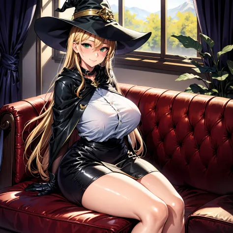 masterpiece, best quality, ultra high res, ultra-detailed, 8K, highres, vibrant color, best quality, extremely detailed, derdere, gentle smile, beautiful face, blonde, long wavy hair, green eyes, very large breasts, wide hips, slim, skirt, couch, sitting, ...