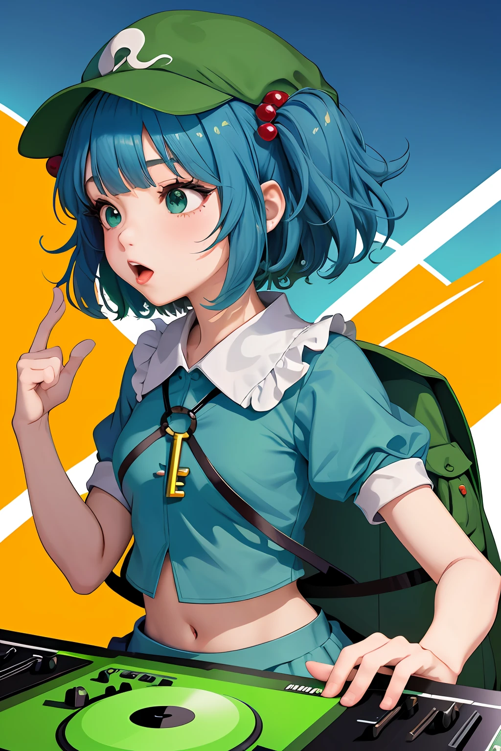 A solo shot featuring kawashiro nitori
two side up
hair bobbles
hair ornament
green headwear
hat
shirt
puffy short sleeves
skirt set
pocket
key
backpack a DJ, showcasing her skills on the turntables at a vibrant rave.