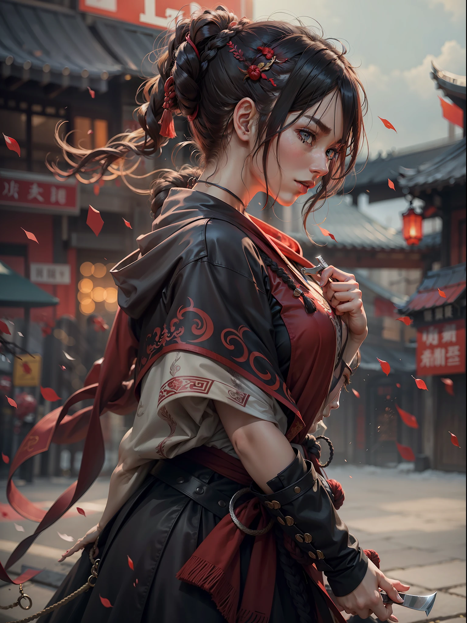 High-quality 8K photos at masterpiece level：Martial arts style picture in pose。A 20-year-old woman holds a knife on her chest。She has a ponytail，Red braided rope，Wearing a cloak。Perfect facial features，Keep your mouth shut，With an evil smile，Expose one shoulder。With your back to the camera，There is a dragon tattoo on the back。