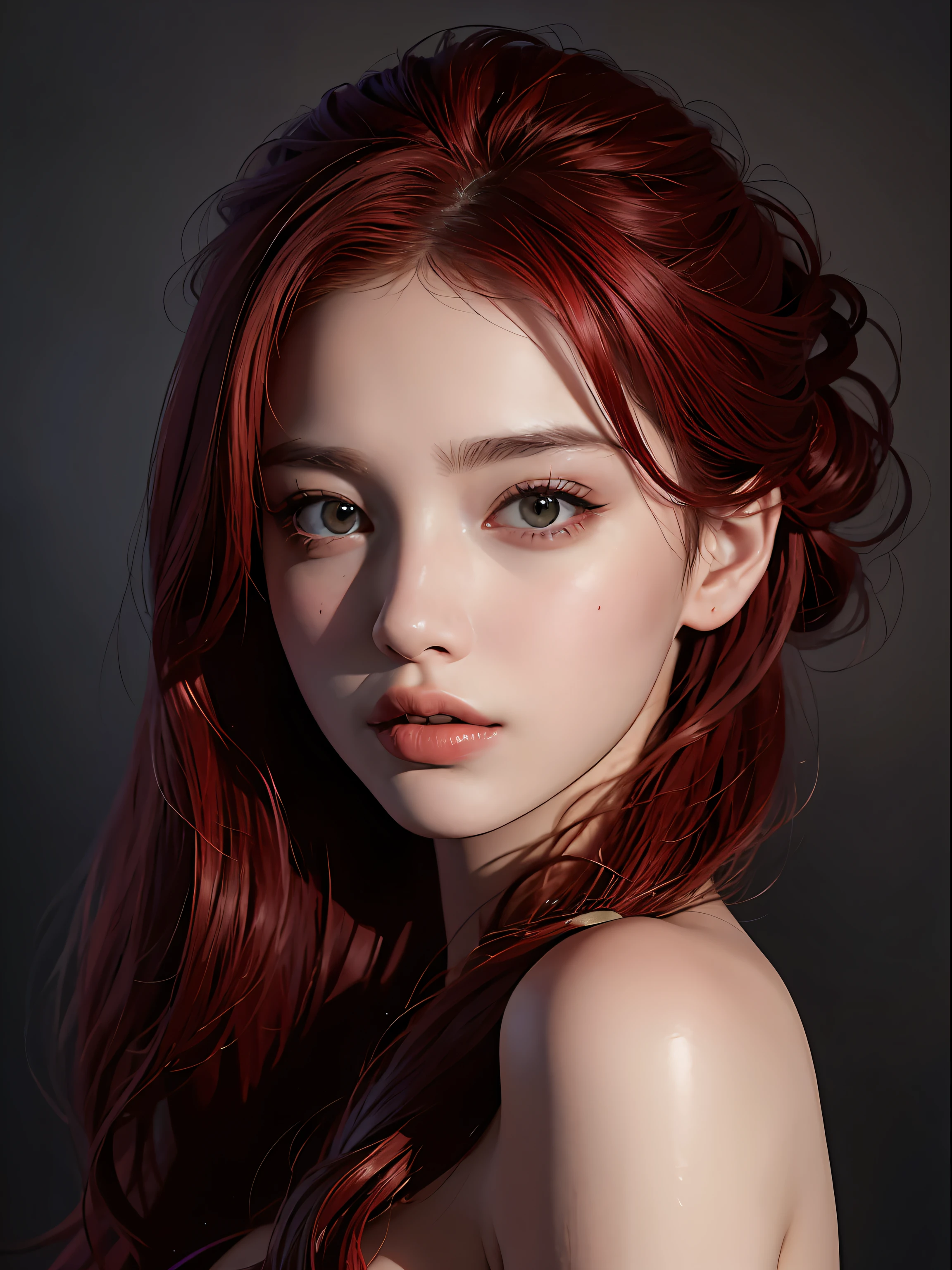 Best quality, masterpiece, ultra high res, (photorealistic:1.4), raw photo, 1girl, offshoulder, in the dark, deep shadow, low key, cold light, red hair