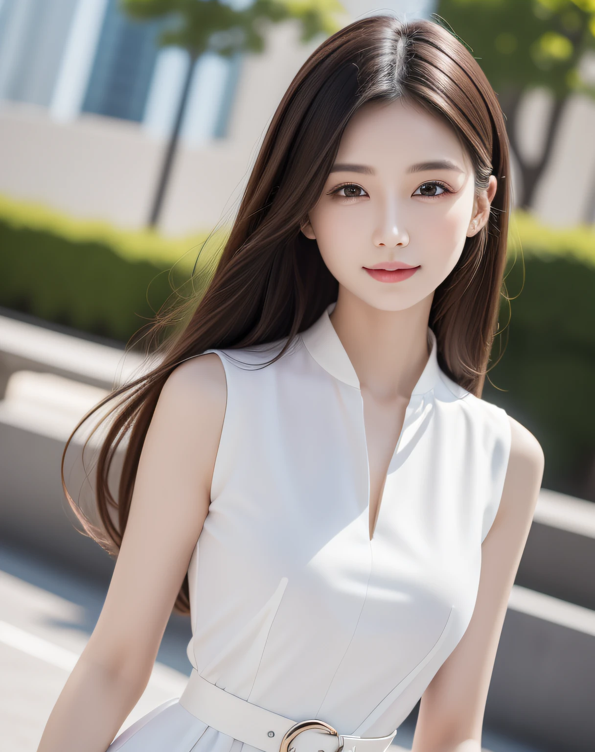 best quality, white skin, real human skin, (detailed face), oval face, pores, ultra high res, (8k, RAW photo, photorealistic:1.4), 1girl, slim, (looking straight at viewer with a serene and goddess-like happiness:1.2), ( lifter gloss, eyelashes, gloss-face, best quality, ultra highres, Broad lighting, natural shading), teacher style fashion, sleeveless, white fashion shirt one-piece dress, black rubber belt, cityscape,