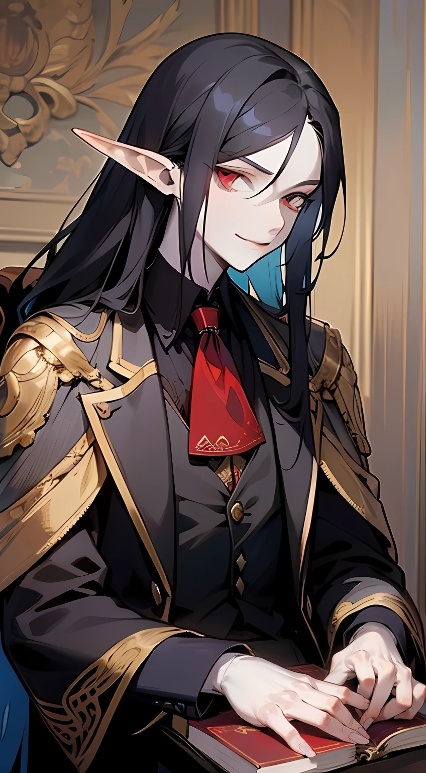 Anime - style image of a male elf with long black hair and a red tie -  SeaArt AI