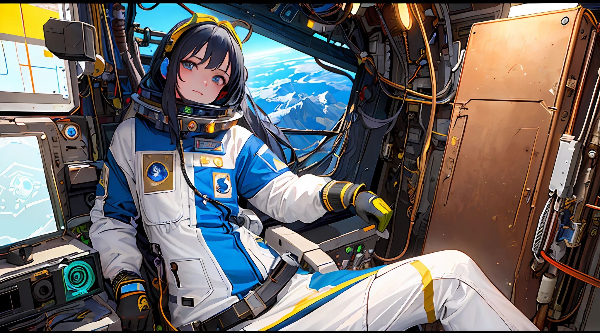 (masterpiece, top quality, best quality, extreme detailed, highest detailed, official art, beautiful and aesthetic:1.2), colorful,  cowboy shot, beautiful face, solo, perfect body, beautiful eyes, 1girl, in space, spacecraft, spacesuit, indoors, (wires and cables:1.1), (science fiction:1.2), porthole, (space in illuminator:1.1), stars