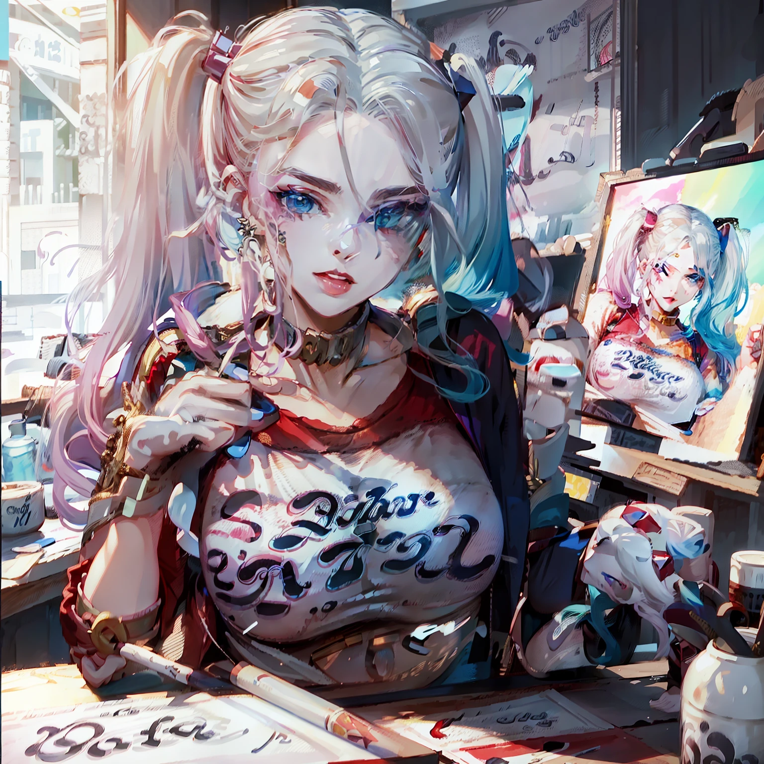 Powder blue gradient double ponytail，Royal Sister，Large breasts，hot girls，Drawing board，Painter，art studio，Artist