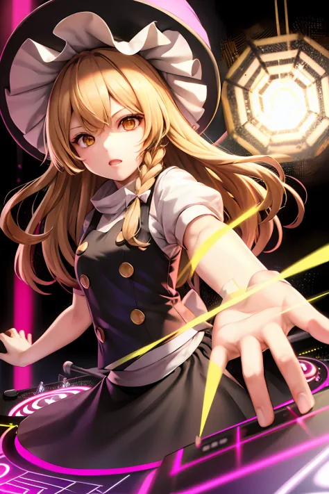 A solo shot featuring  1girl, blonde hair, witch hat, yellow eyes, long hair, vest,apron, bow, short sleeves, hat bow, braid, pu...
