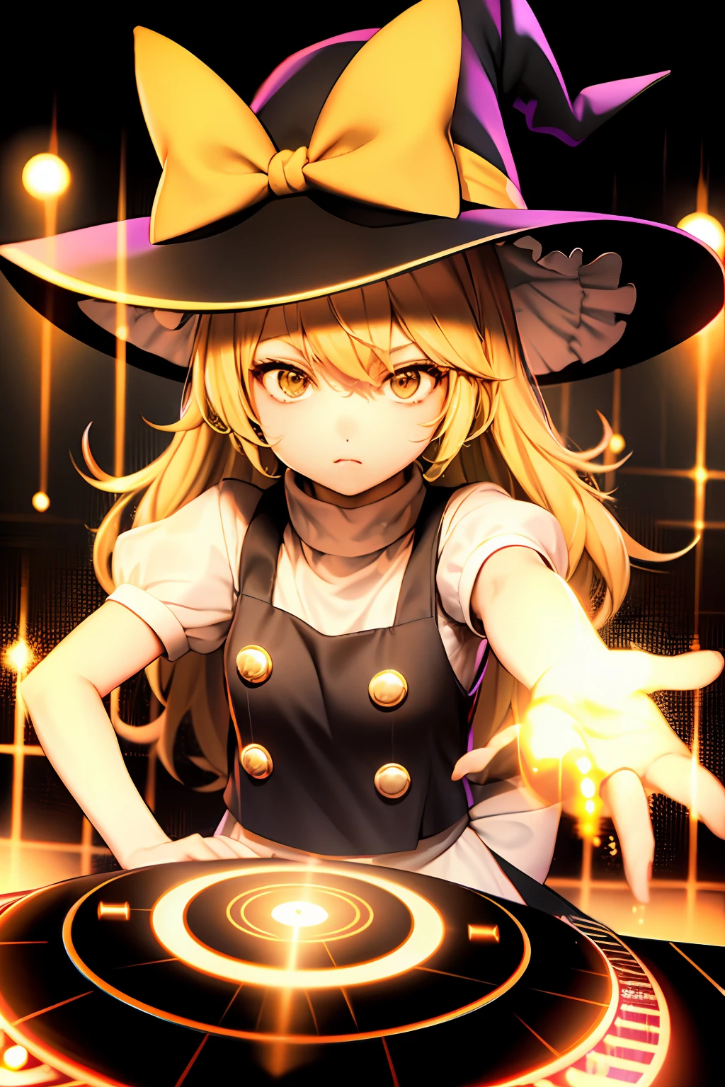 A solo shot featuring  1girl, blonde hair, witch hat, yellow eyes, long hair, vest,apron, bow, short sleeves, hat bow, braid, puffy sleeves, skirt  a DJ, showcasing her skills on the turntables at a vibrant rave.