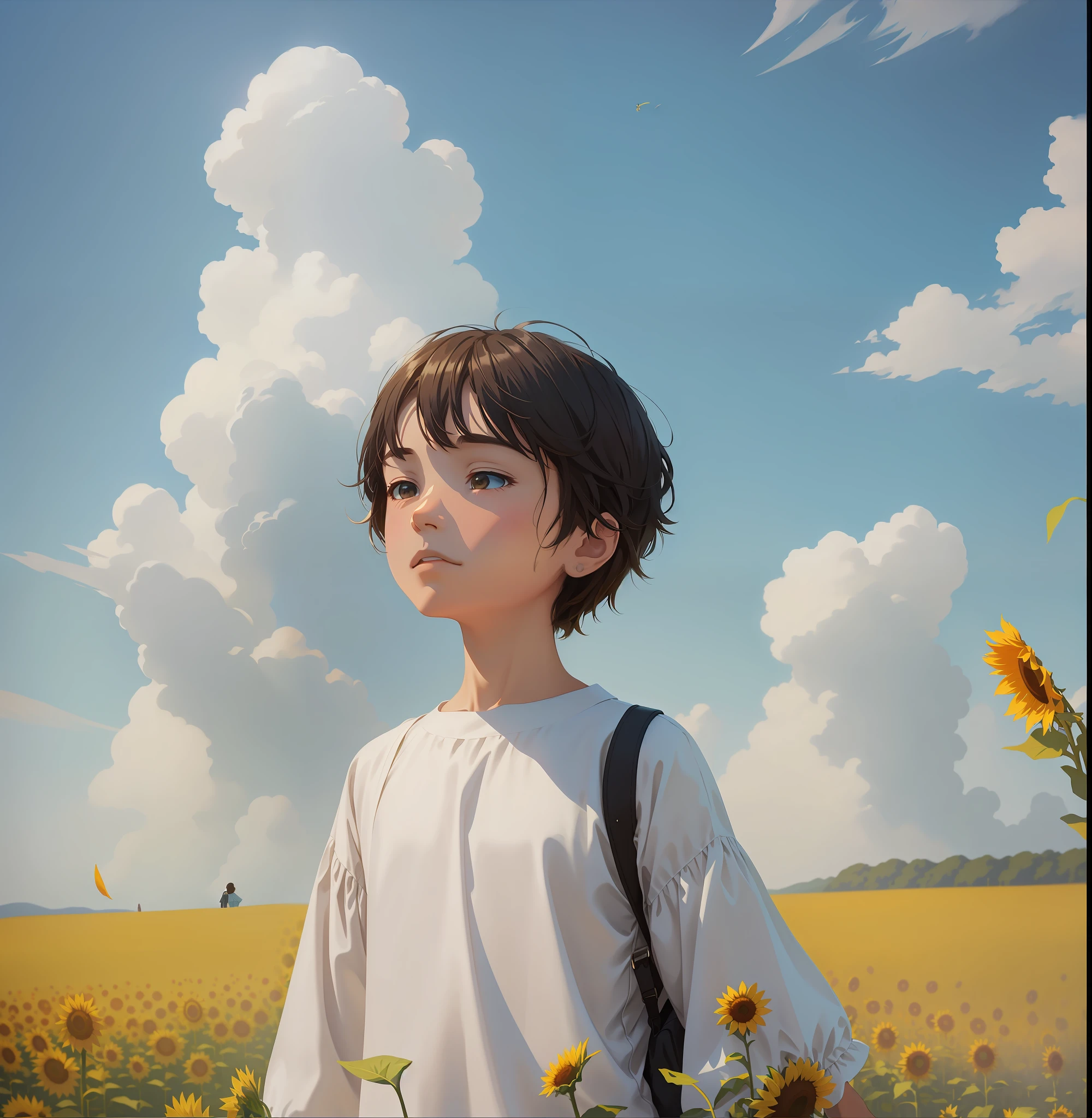 There was a little boy standing in a sunflower field, Guviz-style artwork, childrens art in artstation, Makoto Shinkai. a digital rendering, atey ghailan 8 k, Makoto Shinkai. rendering by octane, rendering by octane. By Makoto Shinkai, guweiz masterpiece, Inspired by Han Yonghao There is a flower arm