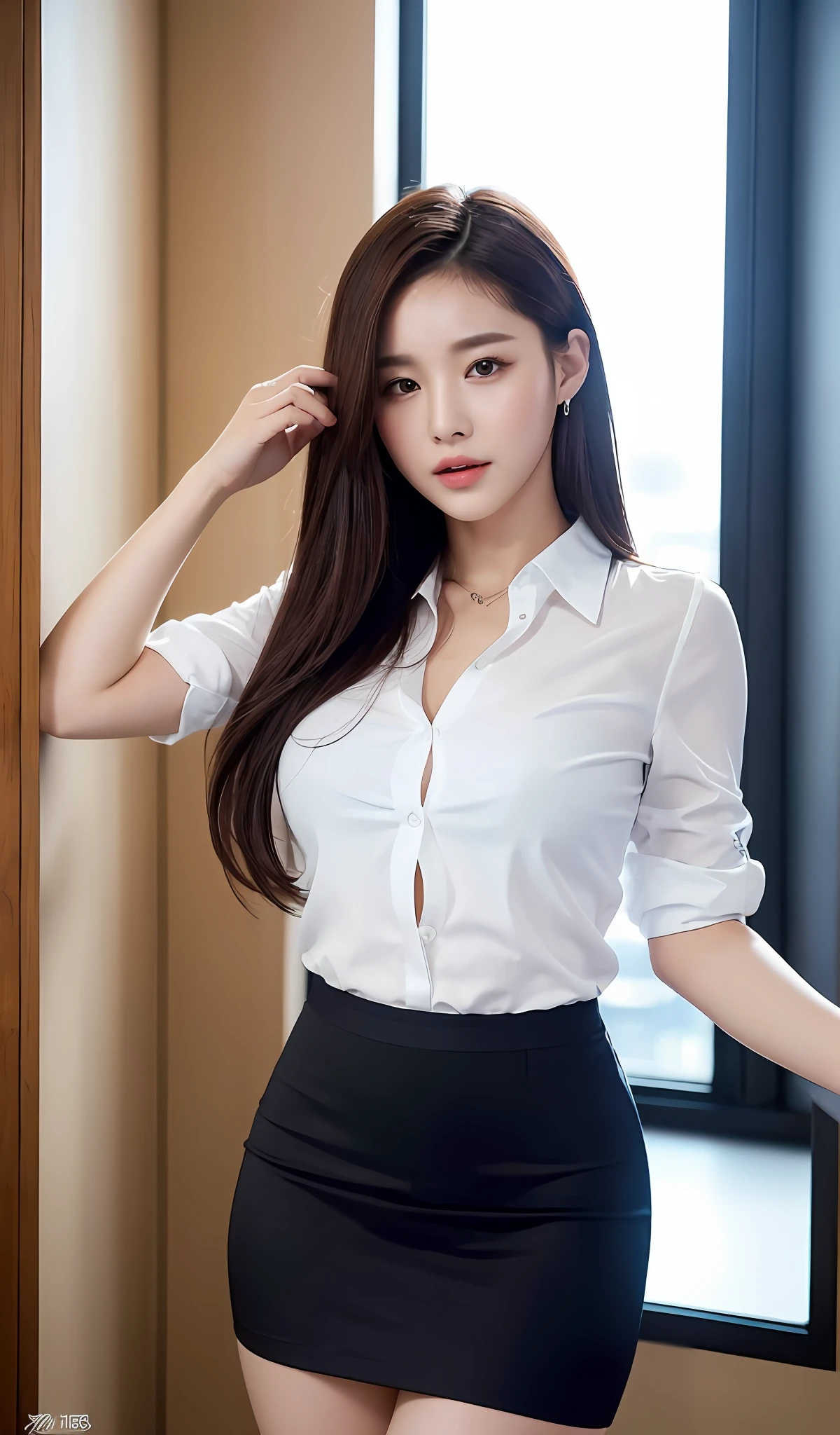 (Best Quality, 8K, Masterpiece, Ultra HD: 1.3), (K-Pop Idol: 1.3), 1 sexy Girl, (Big: 1.2), (Long Hair), Abs, Perfect Figure, Ultra Fine Face, Delicate Lips, Beautiful Eyes, Double Eyelids, Super fine hand, Super fine finger, office wear,  white shirt, Short skirt (Sultry) ((Aroused: 1.5)), Open shirt show   , Detailed , luxury office  manager,