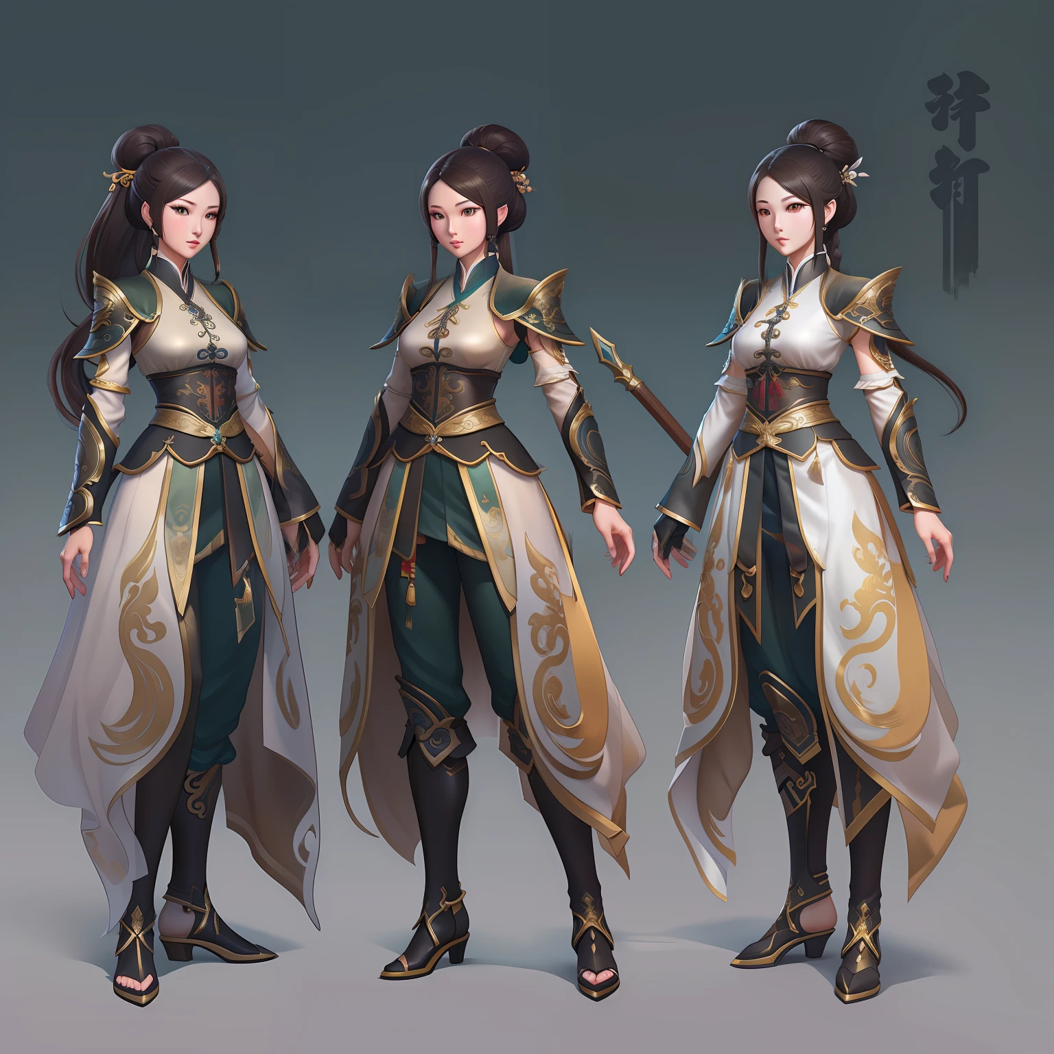 un gros plan d&#39;une femme dans la trentaine, aux yeux marrons eyes and brown hair, porter une robe de bal verte et noire, une héroïne dans le style wuxia, aux yeux marrons, artiste martial tenant un arc long, debout dans un monastère chinois, nouveau concept de costume, Dans le style de la lame et de l&#39;âme, concept de personnage complet du corps, conception détaillée des personnages, inspiré par Yang Jin, inspiré par Li Mei-Shu, costume chinois, Inspiré par Lan Ying, inspiré par Sim Sa-jeong, Inspiré par Li Tang, tenue sur le thème lunaire, costume avec des accents bleus, inspiré par Ju Lian, art conceptuel coloré, highly conception détaillée des personnages, Visage très détaillé, inspiré par Ai Xuan, very Visage très détaillé, RENDU DE MOTEUR IRRÉEL, style final fantasy 14, inspiré de Leng Mei