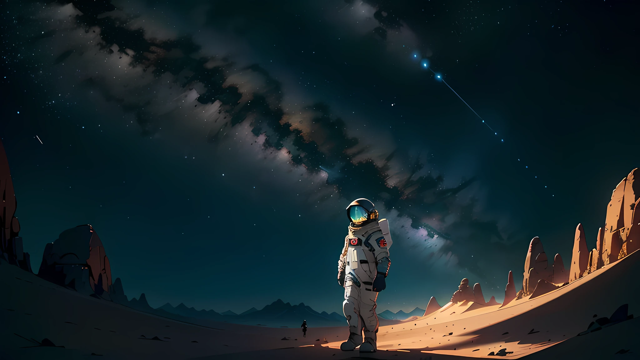 An art with an astronaut in an intricate space suit walking in the desert, some cacti, night sky with few stars, rocks and sand, The vision of an astronaut，The sky occupies a third of the artwork, Masterpiece, Wide viewing angle, Award-winning, Better quality.