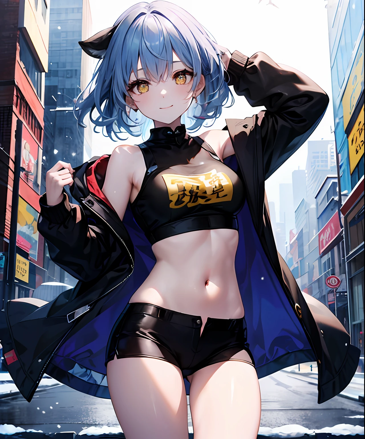 (​masterpiece、top-quality)、独奏、1womanl、Longhaire、Light blue hair、Yellow eyes、A smile、Navel dashi、T-shirt with navel、parka、Skin wiping action、White skin as clear as snow、Western-style cityscape