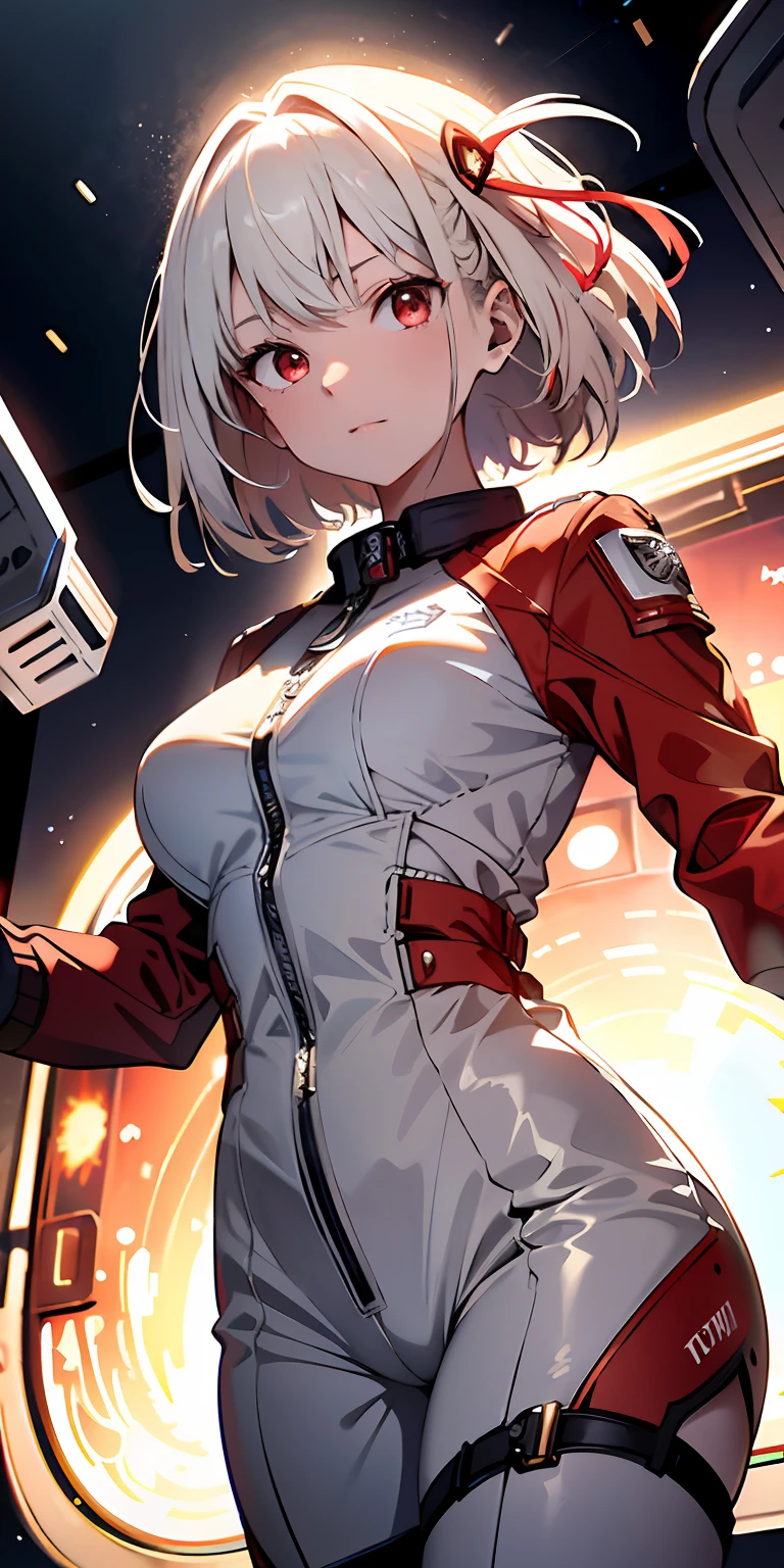 Absurd resolution, high resolution, (masterpiece: 1.4), super detailed, 1 girl, in spacesuit, seen from above, space, floating, satellite, running pose, wide angle lens distortion, platinum blonde, medium hair, red eyes