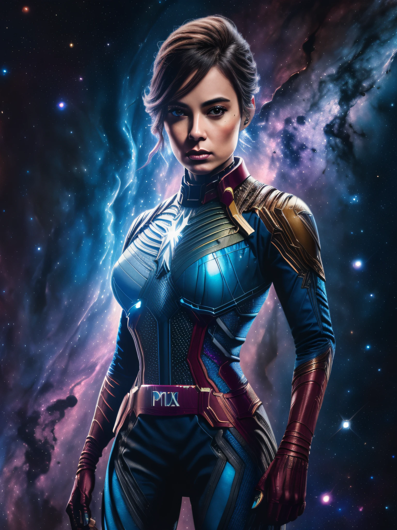 linda mulher, (((inspirada em "Nebula (UNIVERSO CINEMÁTICO MARVEL))), roupas curtas estilo android, ((Autorretrato frontal)), 8k hd, DSLR, grão de filme, pintura fotorrealista Fujifilm XT3 art midjourney, (NSFW:1.2).