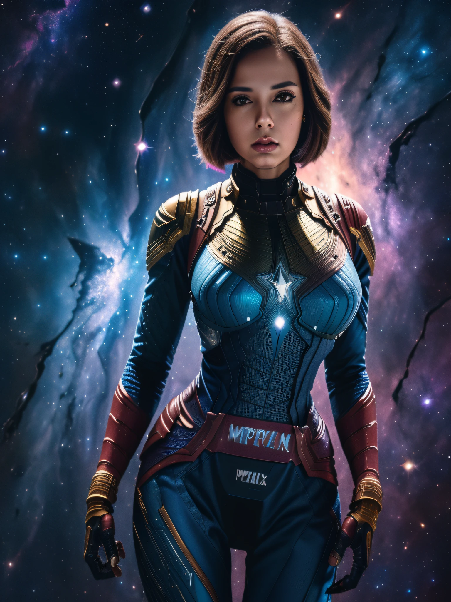 linda mulher, (((inspirada em "Nebula (UNIVERSO CINEMÁTICO MARVEL))), roupas curtas estilo android, ((Autorretrato frontal)), 8k hd, DSLR, grão de filme, pintura fotorrealista Fujifilm XT3 art midjourney, (NSFW:1.2).