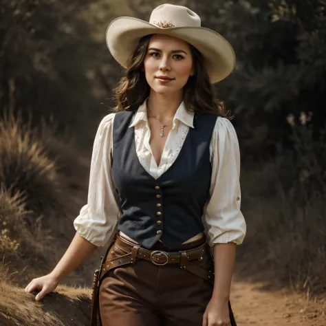 (thirty year old) woman, standing beside a horse, dressed as an old western cowgirl, cowboy boots, long legs, dreamy photo, look...