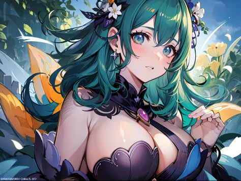 A woman with green hair and blue hair sits in the woods, Extremely detailed Artgerm, Detailed anime artwork, 8K high quality detailed art, Detailed digital anime art, highly detailed exquisite fanart, Fanart Meilleure ArtStation, detailed anime art, IG mod...