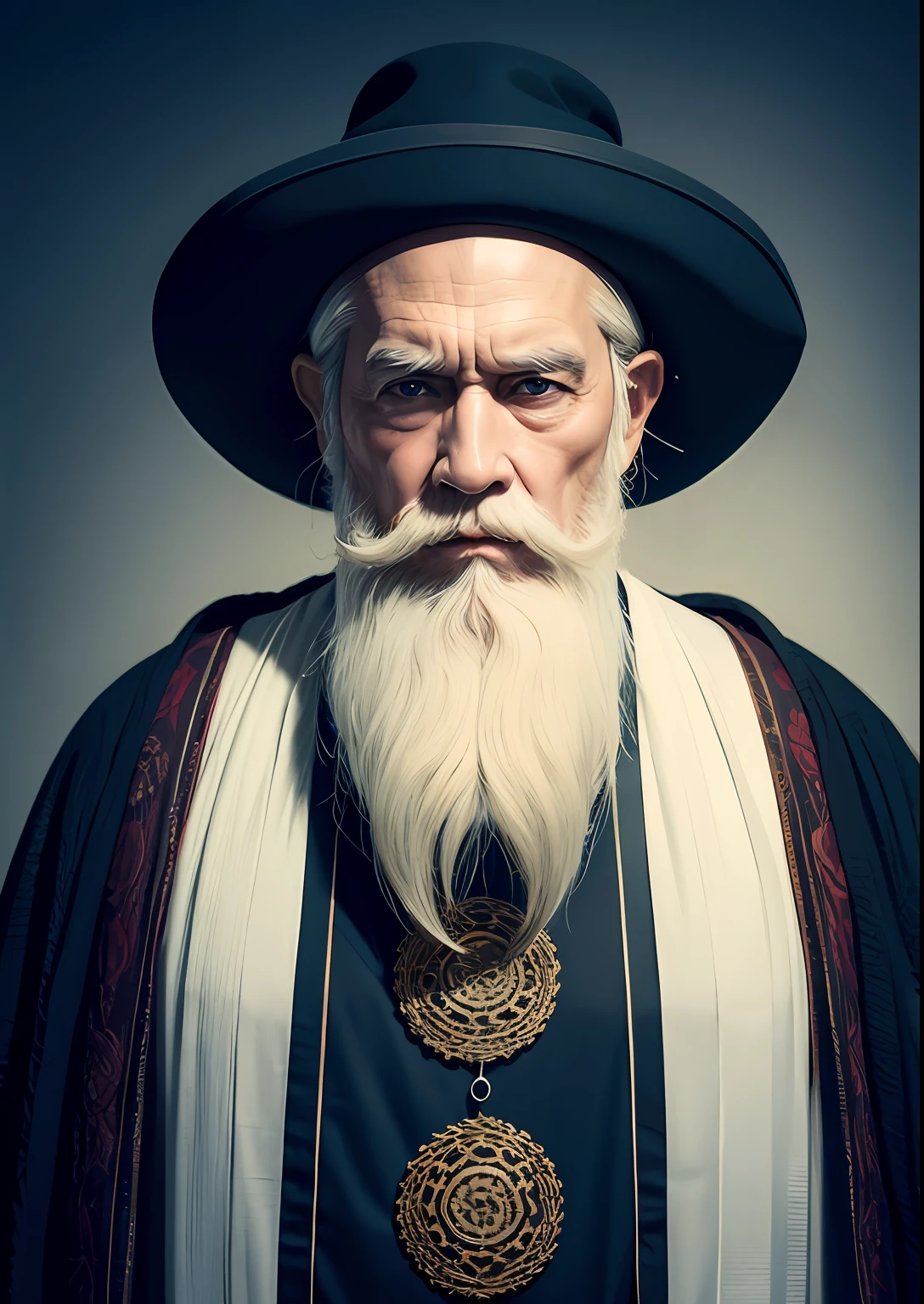 fusionart elderly man, long white beard, black robe, intricate designs,fantansy