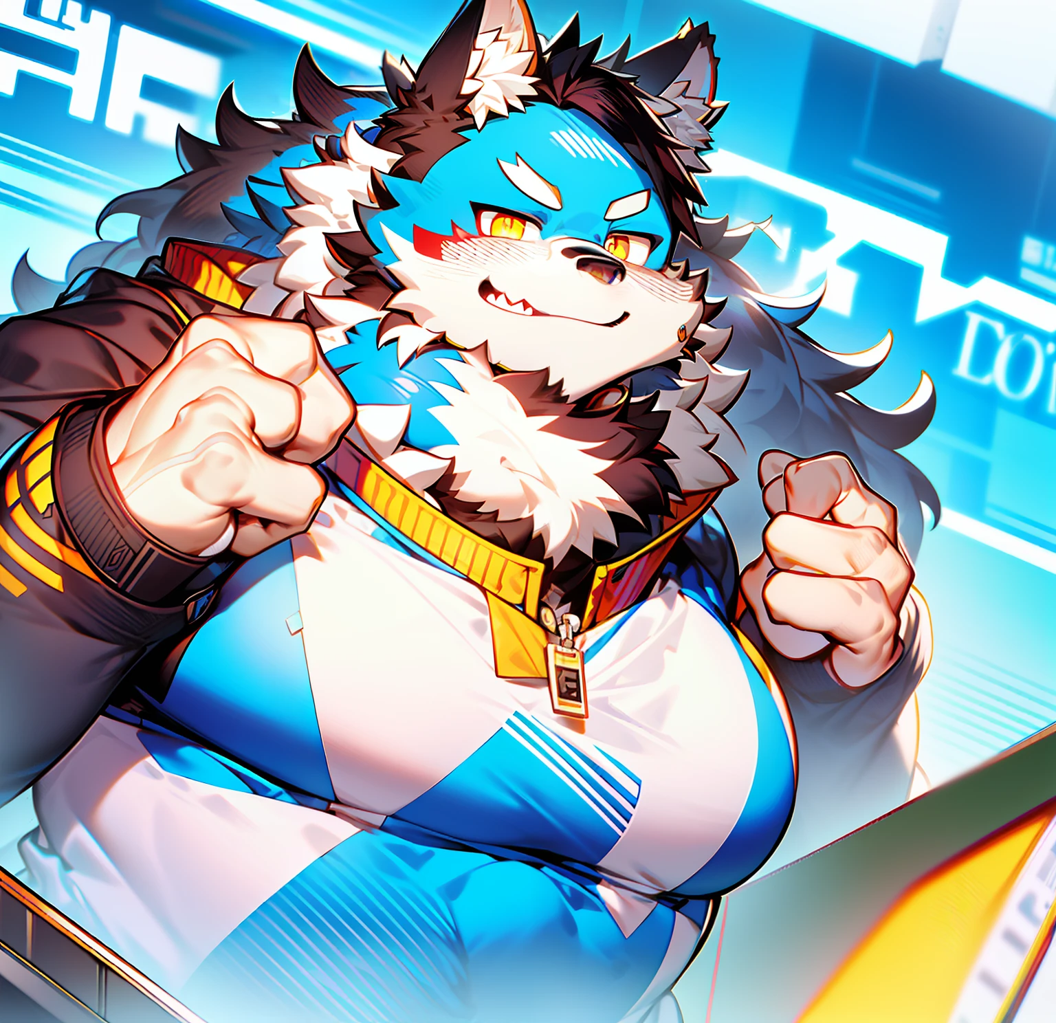 coyote，Furry，Blue pattern，Black hair，musculature，Muscle men，nakeness，Strong，ultraclear，Has a large ，Collar，Black  shorts，Black sclera，red pupils，Abs，Yellow coat，The erection，Collar，Has a large ，der riese，tit，Solo，Stout arms，Storm jacket，Badge，Pronounced abs，ssmile，lbeard，Dim lighting，Dark atmosphere，subway station background，Dim light，Urban style，hold fists,Big Dick