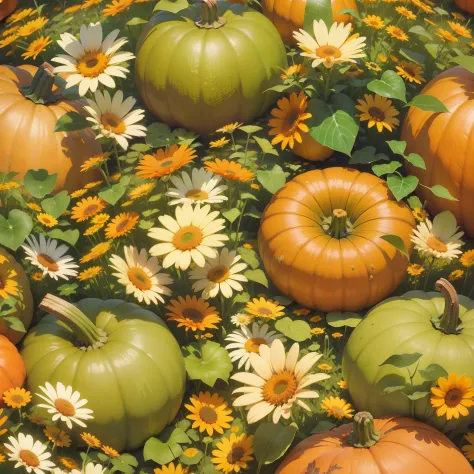 seamless repeating pattern, pumpkins, small daisies, leaves, hyperrealistic, 8k, bright --tile