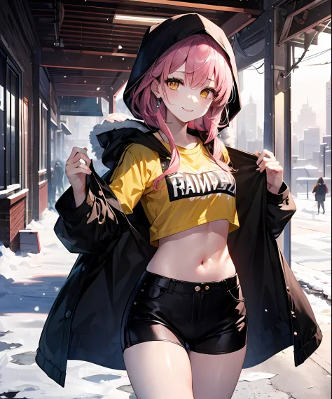 (​masterpiece、top-quality)、独奏、1womanl、medium hair、pink hair、yellow eyes、a smile、navel dashi、t-shirt with navel、parka、skin wiping...