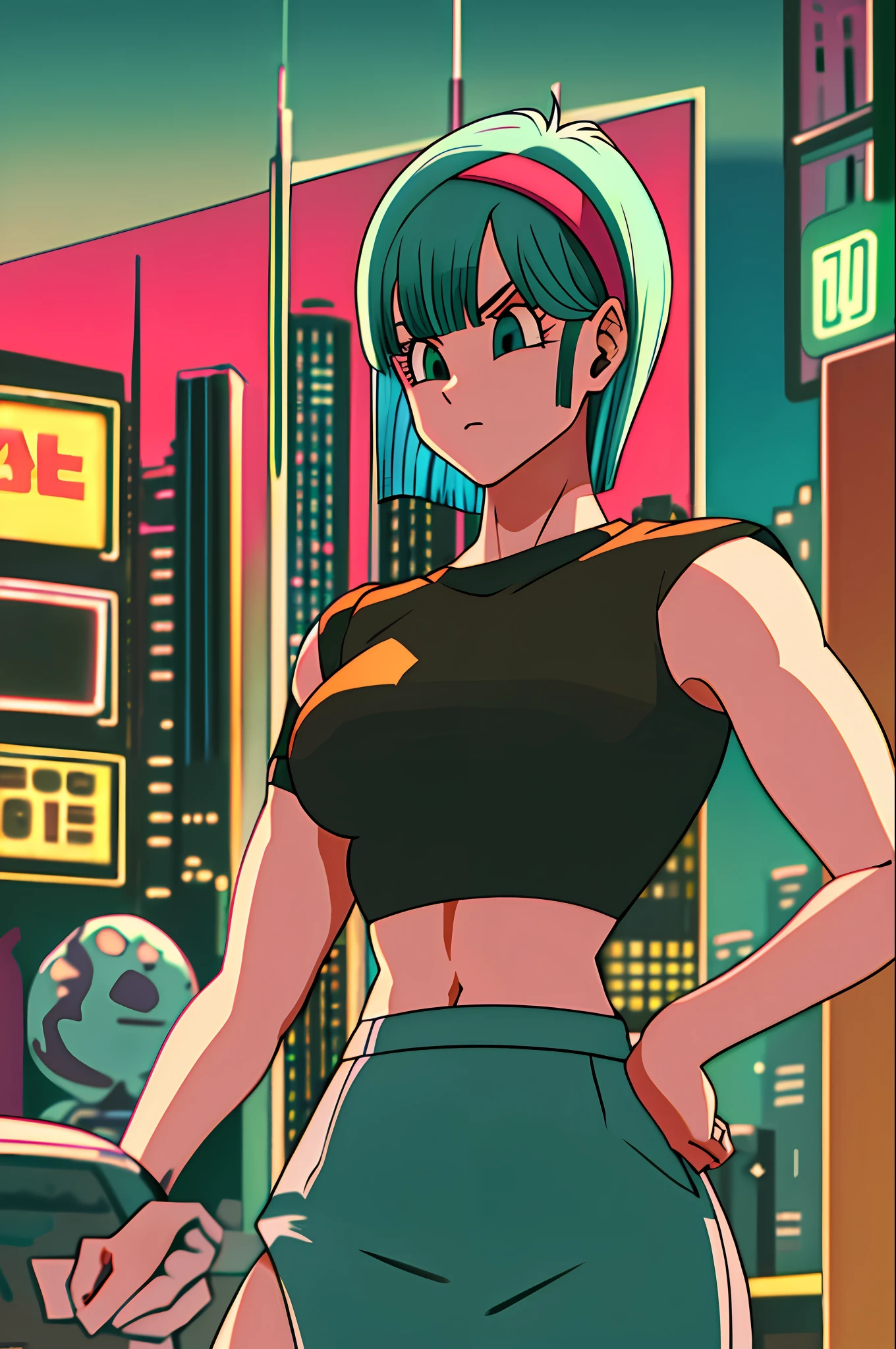 masterpiece, best quality, highres, dragon ball, blmmid, ((aqua hair)), medium hair, blunt bangs, red hair band, medium breasts, white shirt, black skirt, cowboy shot, in a Cyberpunk city, bustling with neon signs, standing, upper body, ((midriff)), ((sexy)), (busty),