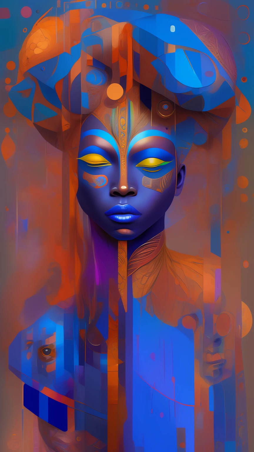 a painting of a woman with a blue face and a colorful head, afrofuturism, afrofuturism style, afrofuturist, elaborate digital art, black art, afro futurism, intricate face, intricate beautiful faces, african arts, afrocentric mysticism, beautiful intricate face, afro - futurist style, stunning artwork, gorgeous art, abstract portrait, intricate oil painting artwork